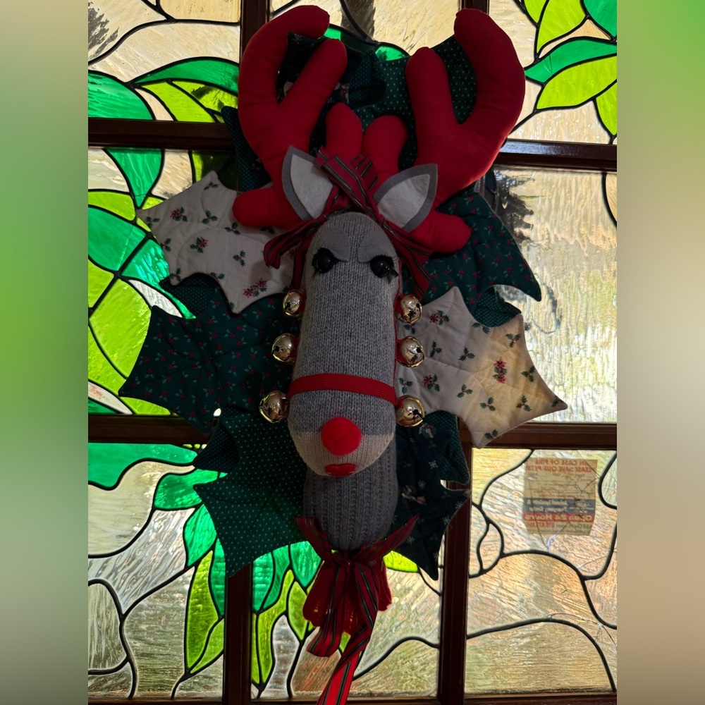 Vintage 1980s Handmade Reindeer Sock Puppet Wreath Decor